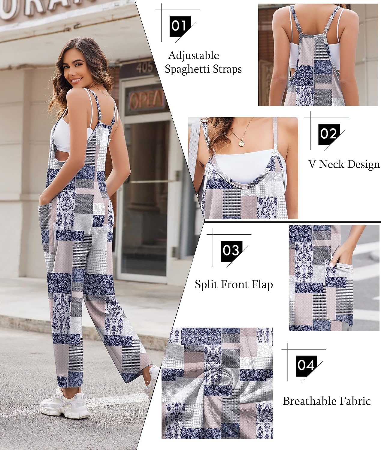 image:imageEkouaer Womens Jumpsuit Sleeveless Casual Summer Overalls Jumpers RompersGrey Geometric Ethnic