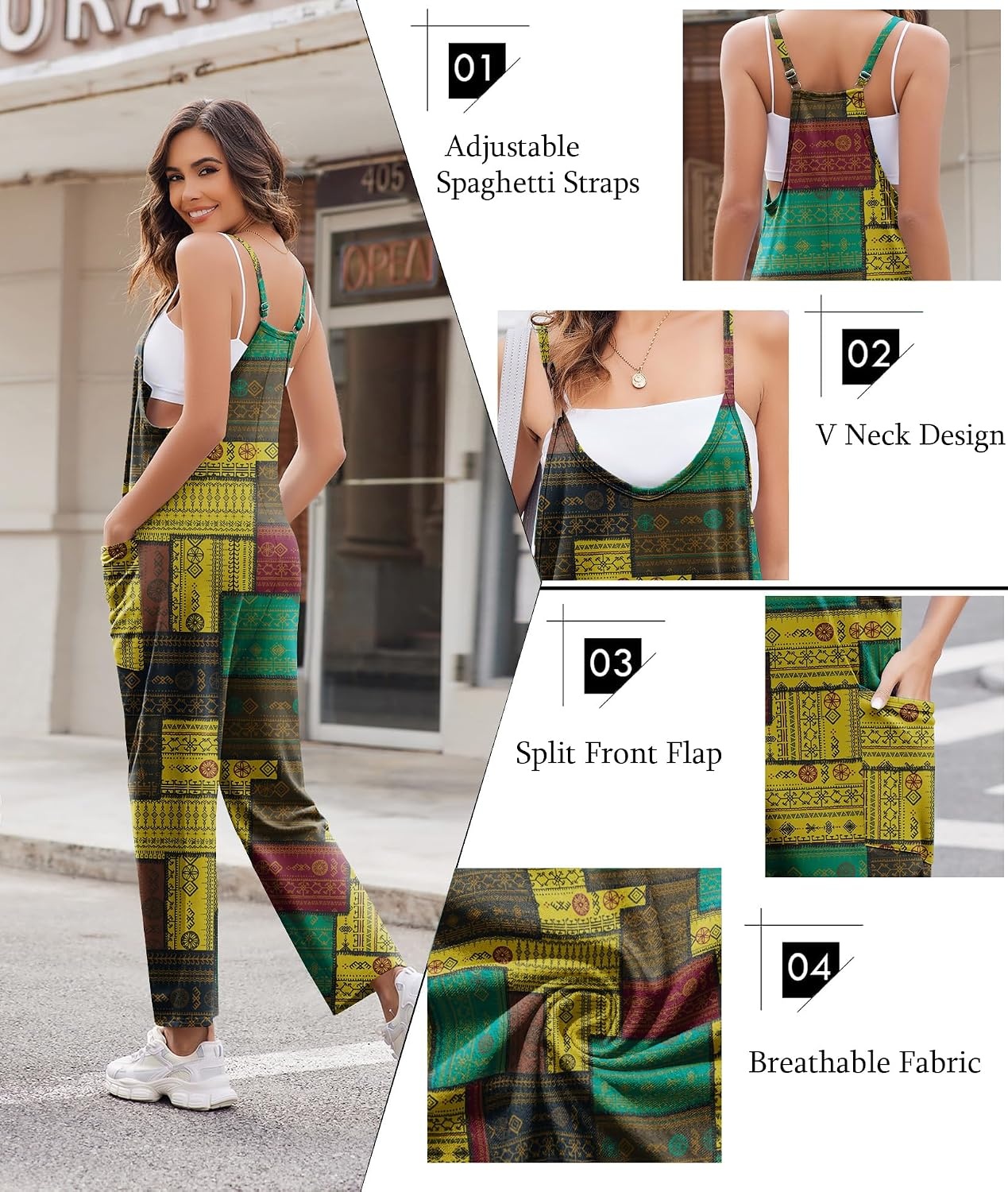 image:imageEkouaer Womens Jumpsuit Sleeveless Casual Summer Overalls Jumpers RompersYellow Boho Print