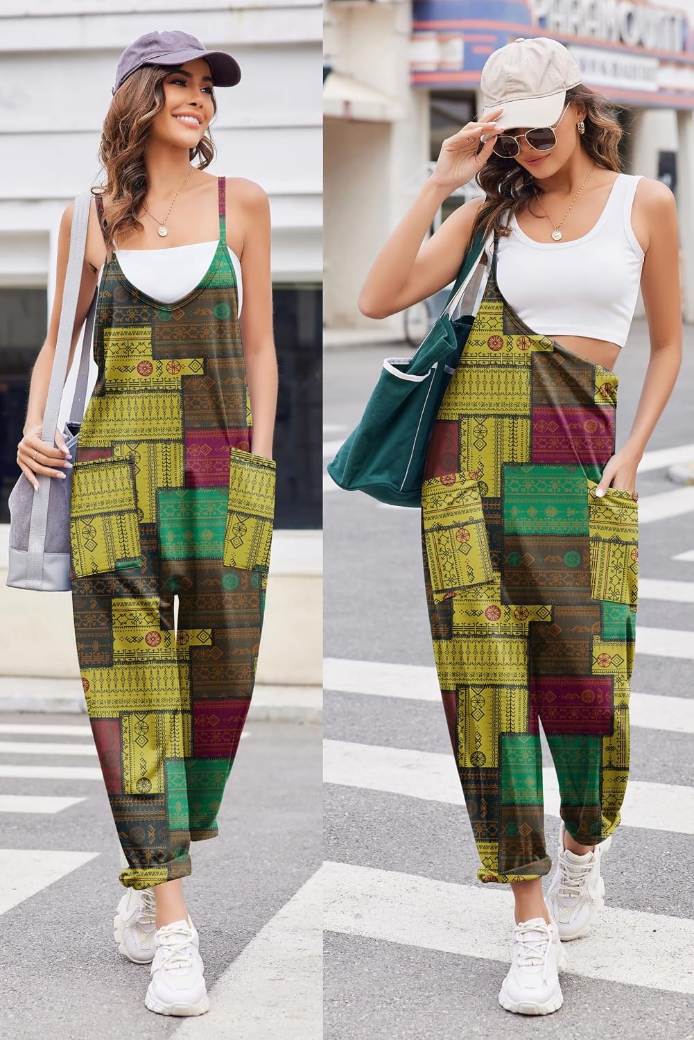 image:imageEkouaer Womens Jumpsuit Sleeveless Casual Summer Overalls Jumpers RompersYellow Boho Print