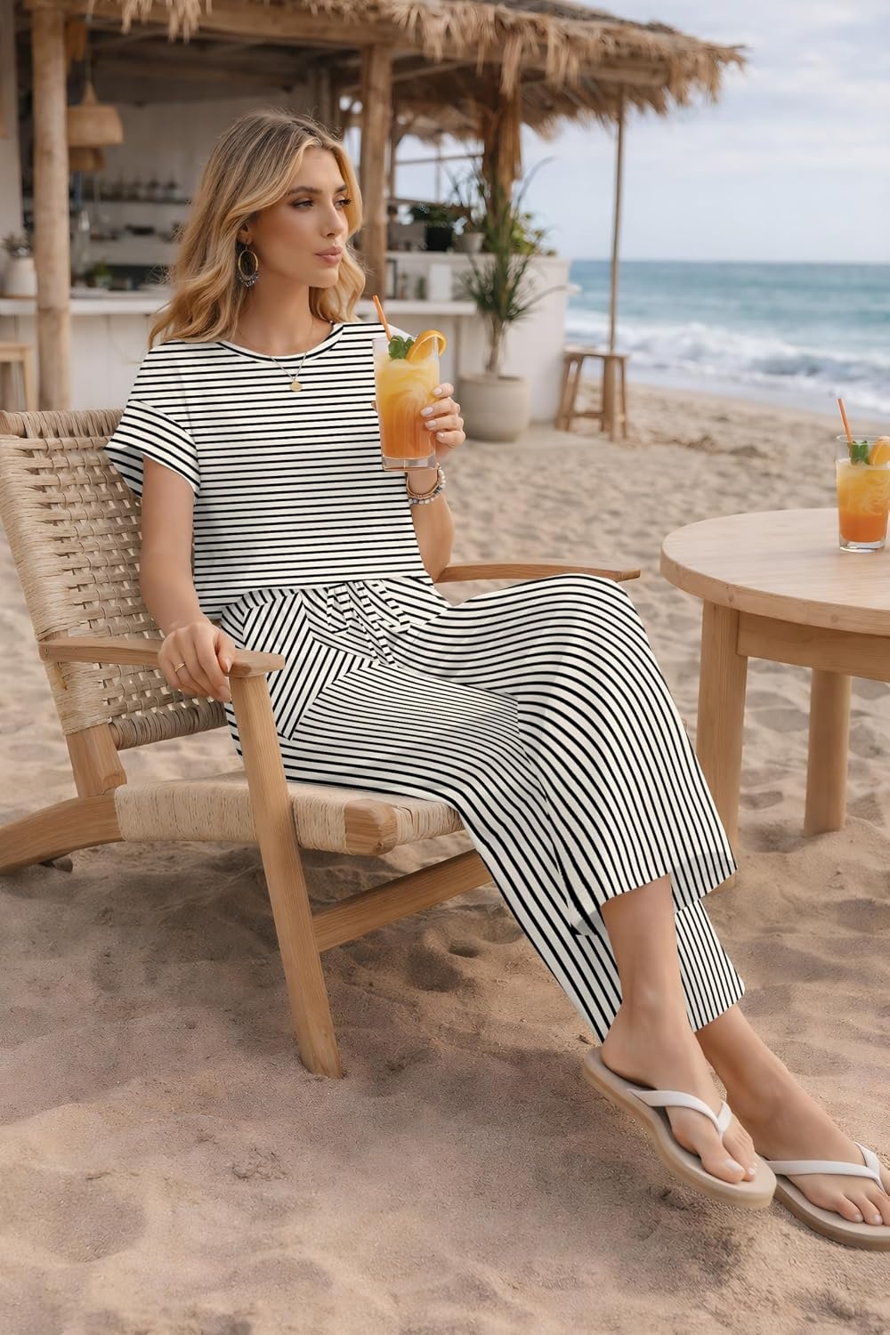 image:imageJumpsuits for Women Casual Summer Rompers Short Sleeve One Piece OutfitsBeige Black Stripe