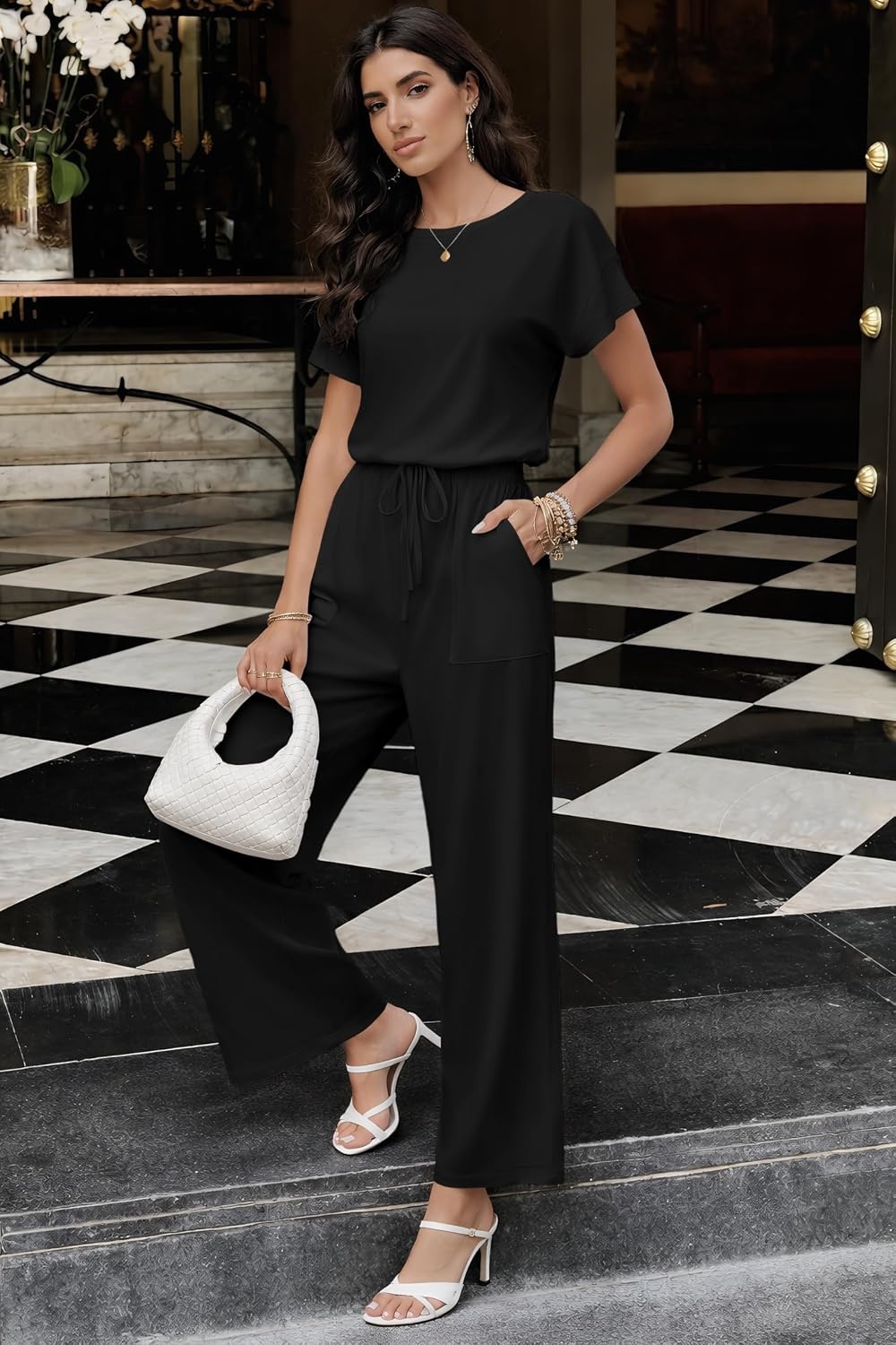 image:imageJumpsuits for Women Casual Summer Rompers Short Sleeve One Piece OutfitsBlack