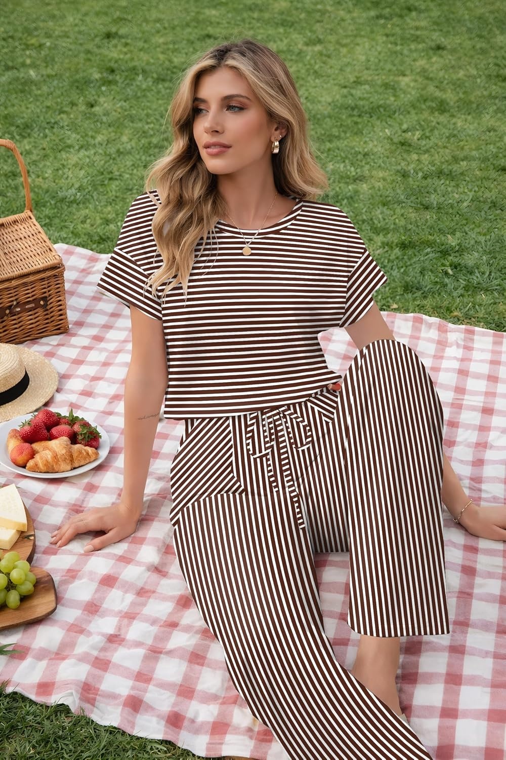 image:imageJumpsuits for Women Casual Summer Rompers Short Sleeve One Piece OutfitsBrown Stripe
