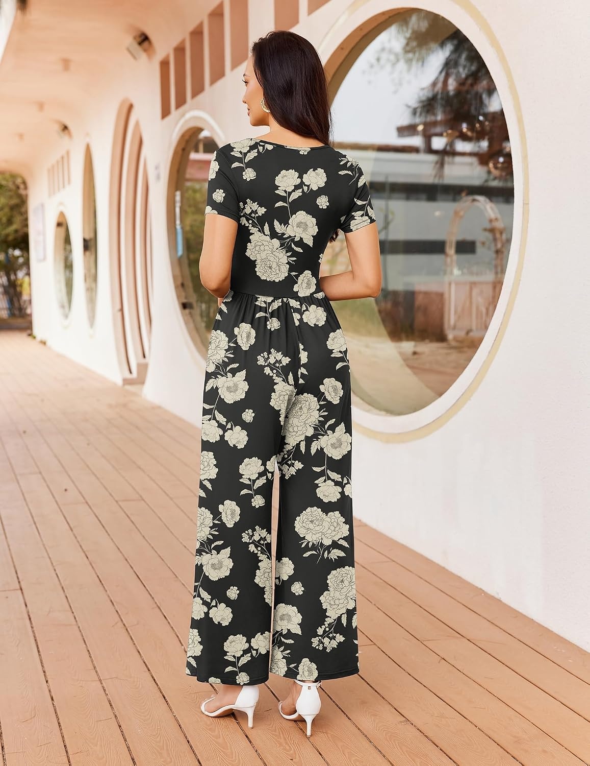 image:imageWomen Short Sleeve Jumpsuits Square Neck Romper Wide Leg One Piece JumperBlack Floral