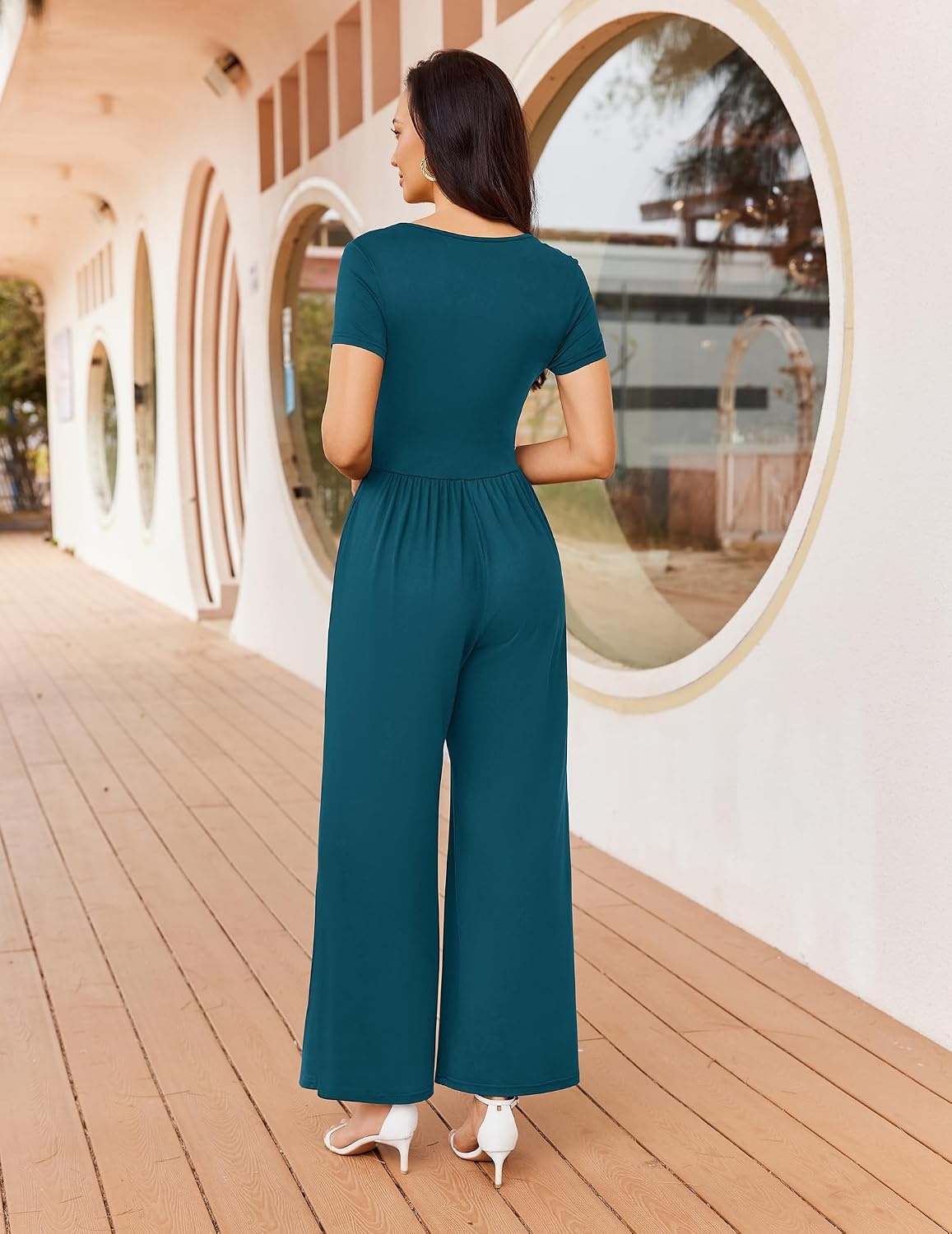 image:imageWomen Short Sleeve Jumpsuits Square Neck Romper Wide Leg One Piece JumperBlue