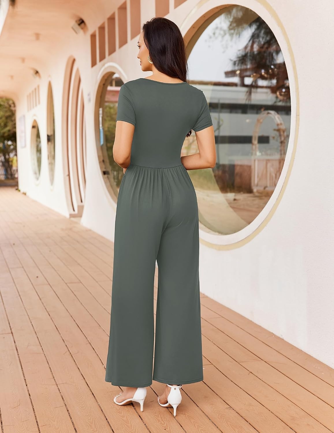 image:imageWomen Short Sleeve Jumpsuits Square Neck Romper Wide Leg One Piece JumperDark Grey