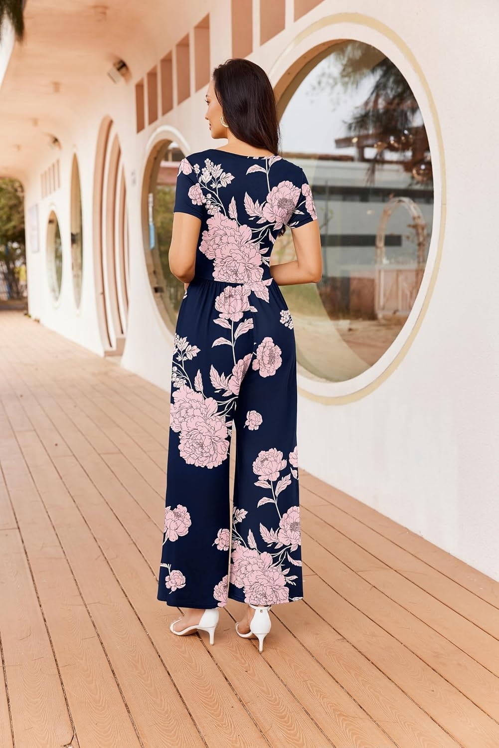 image:imageWomen Short Sleeve Jumpsuits Square Neck Romper Wide Leg One Piece JumperNavy Blue Floral