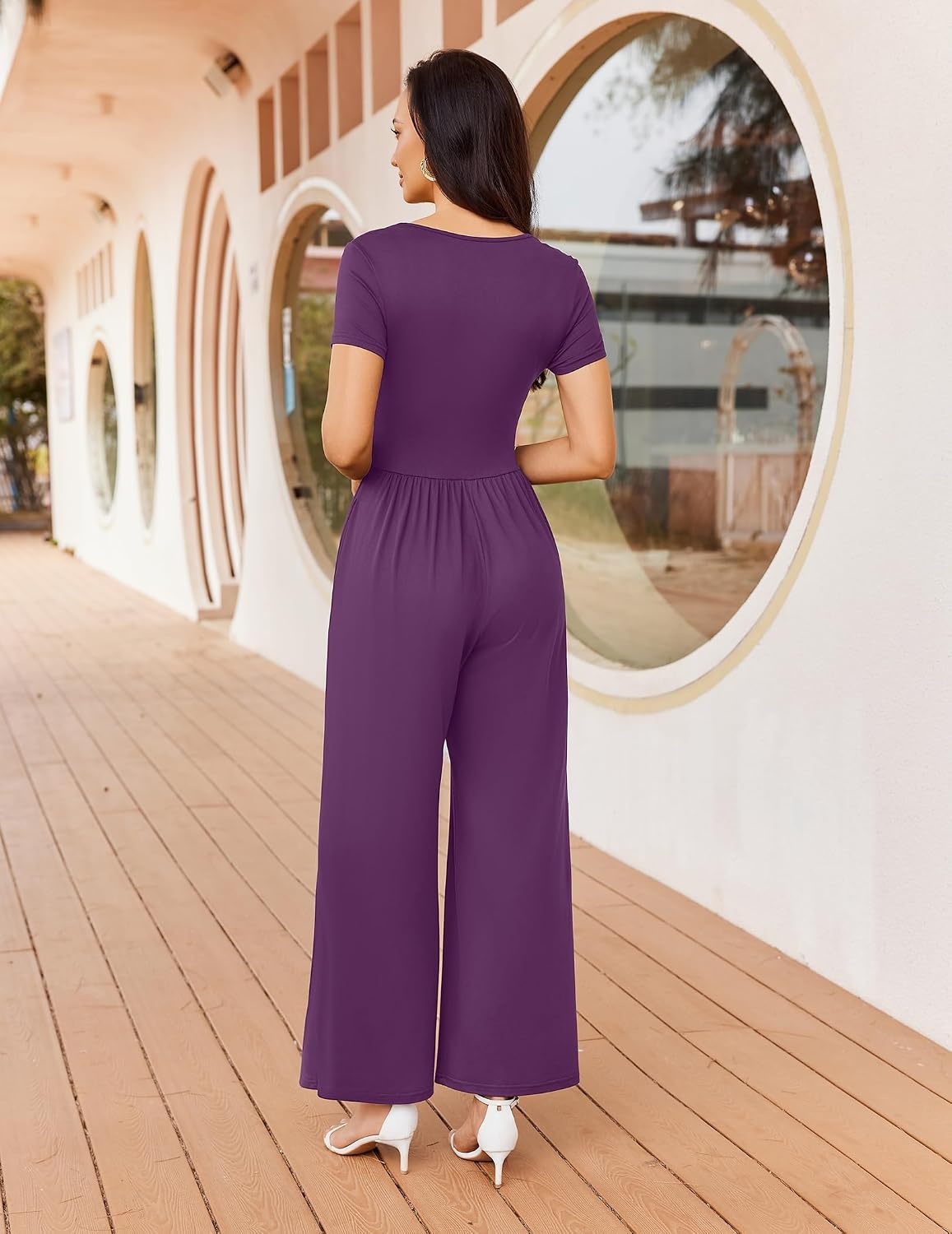image:imageWomen Short Sleeve Jumpsuits Square Neck Romper Wide Leg One Piece JumperTaro Purple