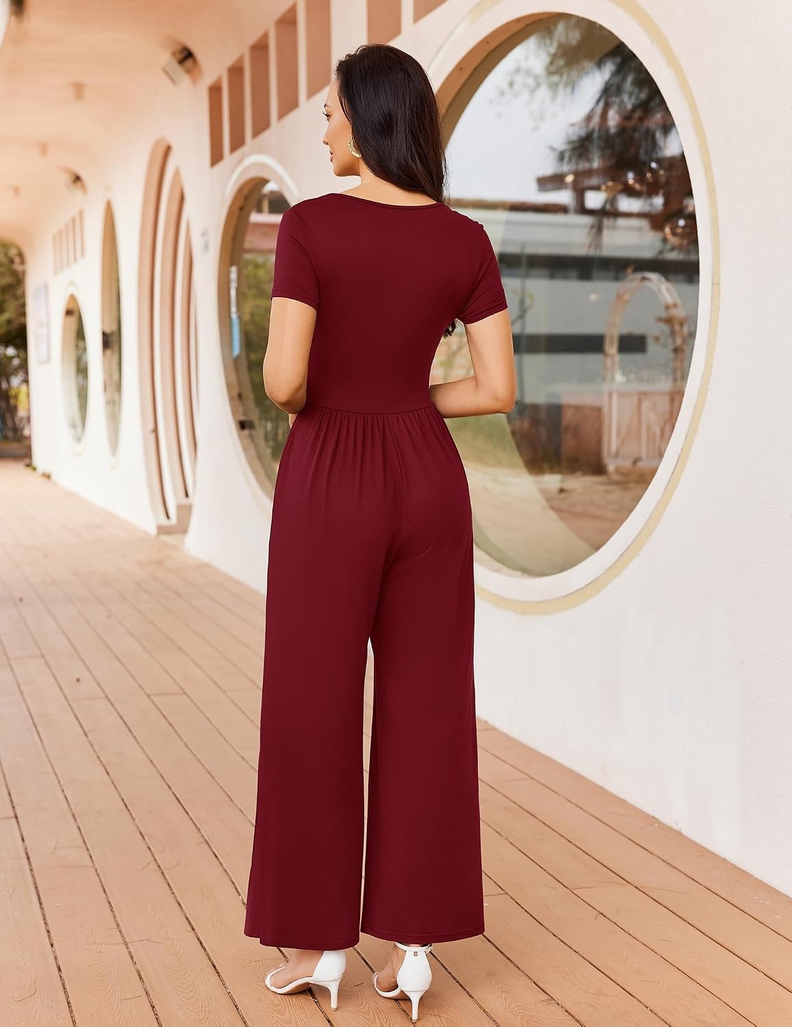image:imageWomen Short Sleeve Jumpsuits Square Neck Romper Wide Leg One Piece JumperWine Red