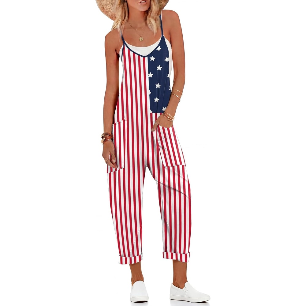 image:imageEkouaer Womens Jumpsuit Sleeveless Casual Summer Overalls Jumpers RompersFestival American Flag
