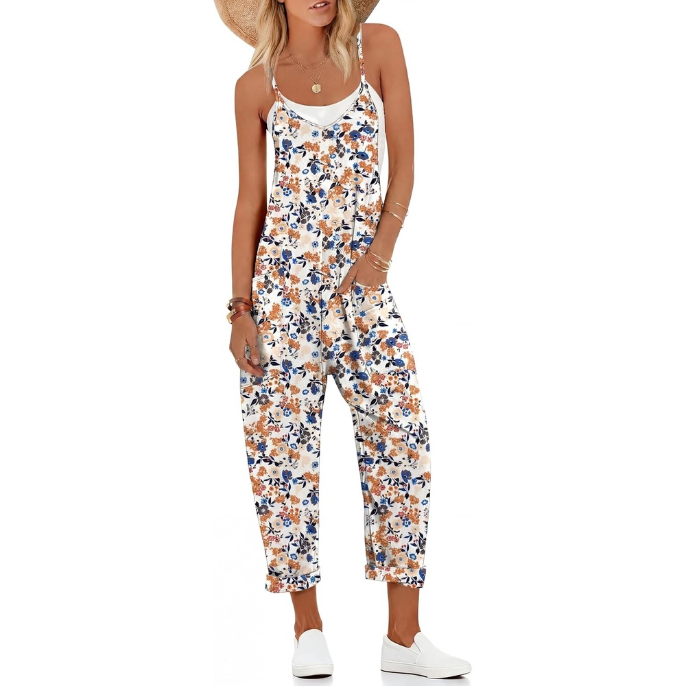 image:imageEkouaer Womens Jumpsuit Sleeveless Casual Summer Overalls Jumpers RompersFloral Blue Orange Begie