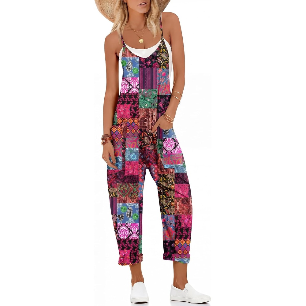 image:imageEkouaer Womens Jumpsuit Sleeveless Casual Summer Overalls Jumpers RompersPink Boho Print