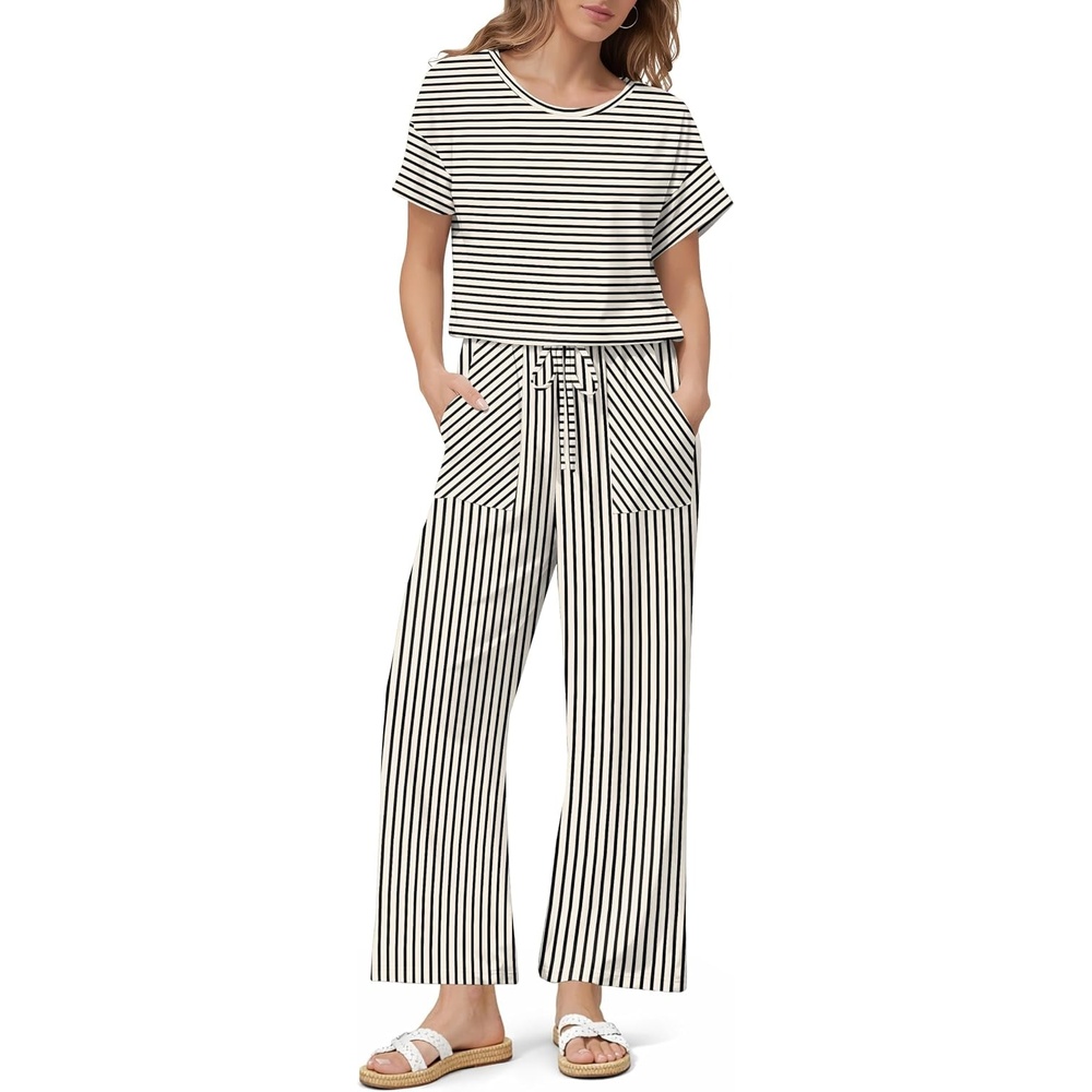 image:imageJumpsuits for Women Casual Summer Rompers Short Sleeve One Piece OutfitsBeige Black Stripe