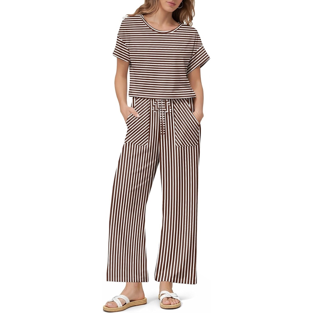 image:imageJumpsuits for Women Casual Summer Rompers Short Sleeve One Piece OutfitsBrown Stripe
