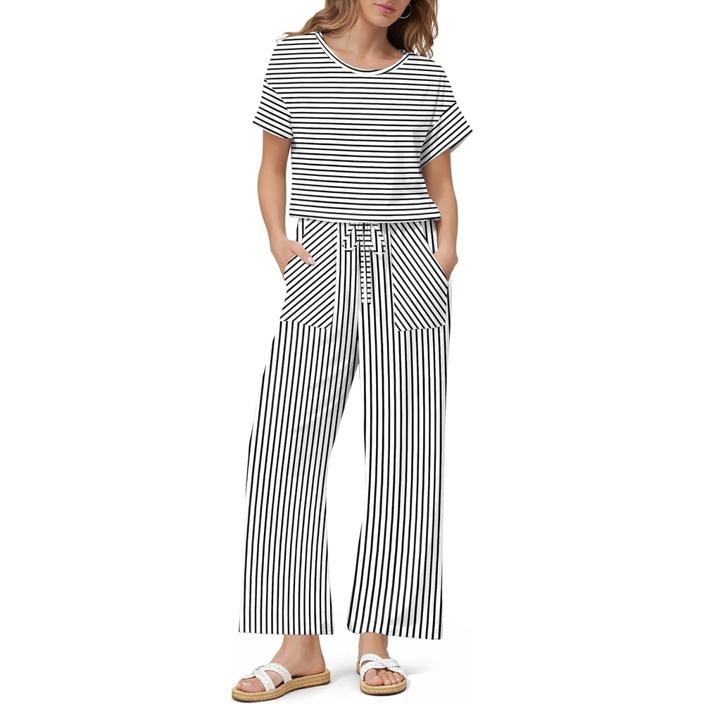 image:imageJumpsuits for Women Casual Summer Rompers Short Sleeve One Piece OutfitsWhite Stripe
