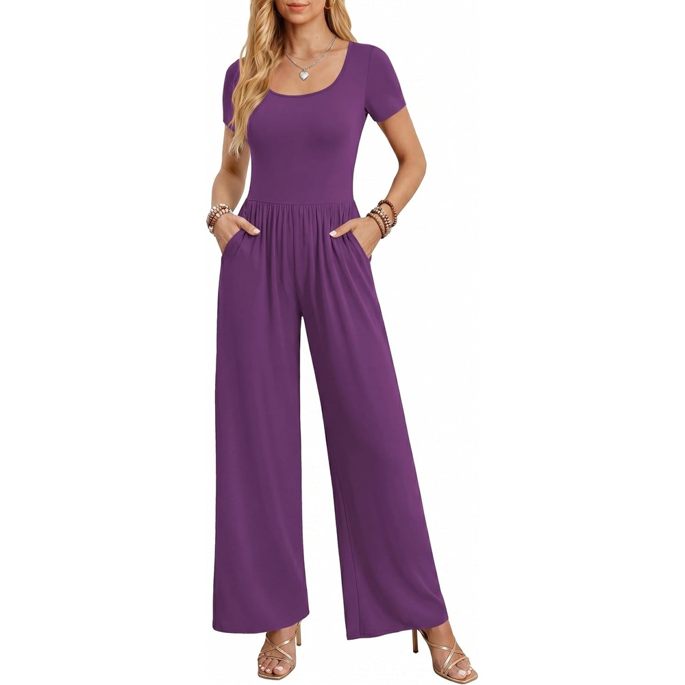 image:imageWomen Short Sleeve Jumpsuits Square Neck Romper Wide Leg One Piece JumperTaro Purple