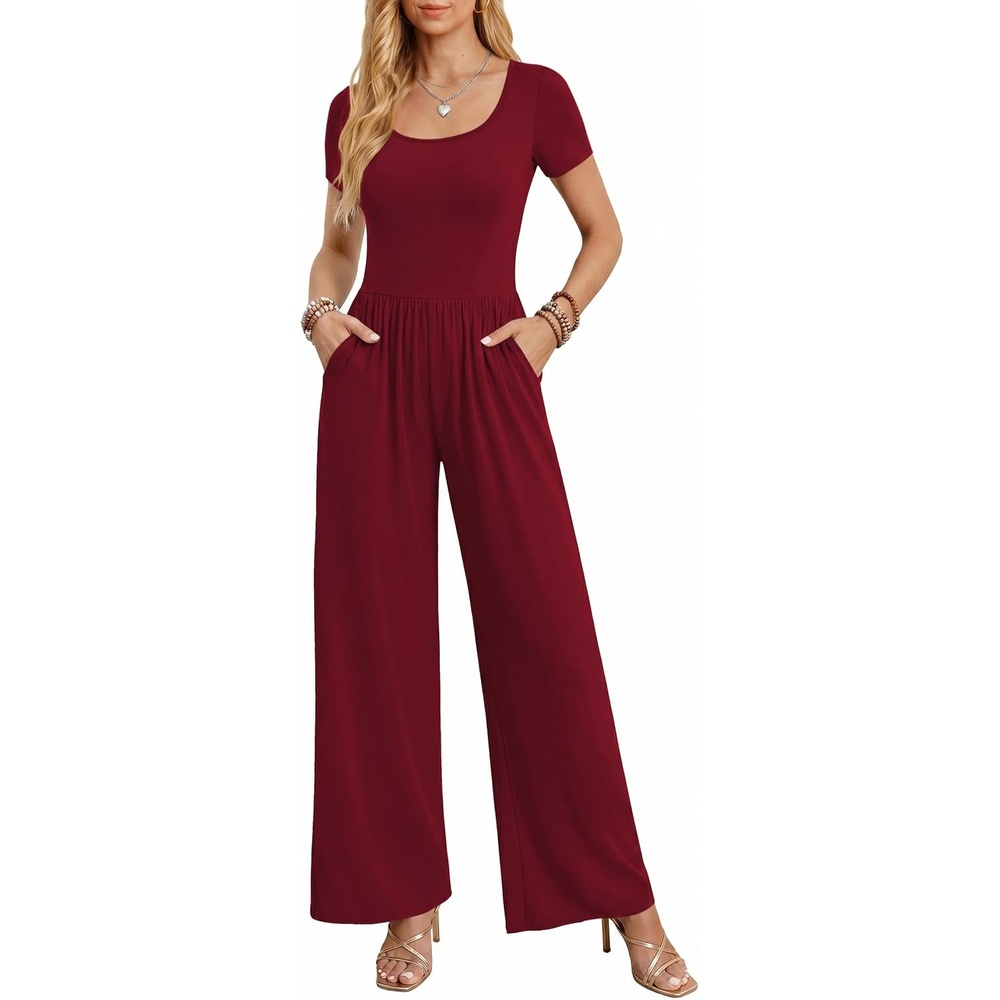 image:imageWomen Short Sleeve Jumpsuits Square Neck Romper Wide Leg One Piece JumperWine Red