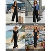 Women Short Sleeve Jumpsuits Square Neck Romper Wide Leg One Piece Jumper(Black)