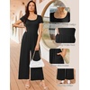 Women Short Sleeve Jumpsuits Square Neck Romper Wide Leg One Piece Jumper(Black)
