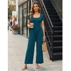 Women Short Sleeve Jumpsuits Square Neck Romper Wide Leg One Piece Jumper(Blue)