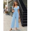 Women Short Sleeve Jumpsuits Square Neck Romper Wide Leg One Piece Jumper(Light Blue)