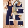 Women Short Sleeve Jumpsuits Square Neck Romper Wide Leg One Piece Jumper(Navy Blue)