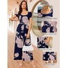 Women Short Sleeve Jumpsuits Square Neck Romper Wide Leg One Piece Jumper(Navy Blue Floral)