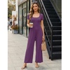 Women Short Sleeve Jumpsuits Square Neck Romper Wide Leg One Piece Jumper(Taro Purple)