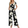 Women Short Sleeve Jumpsuits Square Neck Romper Wide Leg One Piece Jumper(Black Floral)