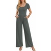Women Short Sleeve Jumpsuits Square Neck Romper Wide Leg One Piece Jumper(Dark Grey)