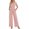 Women Short Sleeve Jumpsuits Square Neck Romper Wide Leg One Piece Jumper(Dirty Pink)