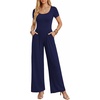 Women Short Sleeve Jumpsuits Square Neck Romper Wide Leg One Piece Jumper(Navy Blue)