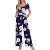 Women Short Sleeve Jumpsuits Square Neck Romper Wide Leg One Piece Jumper(Navy Blue Floral)