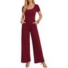 Women Short Sleeve Jumpsuits Square Neck Romper Wide Leg One Piece Jumper(Wine Red)