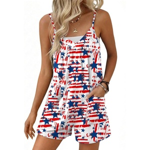Ekouaer Womens Summer Sleeveless Rompers Overalls Adjustable Jumpsuits(Star Flag)