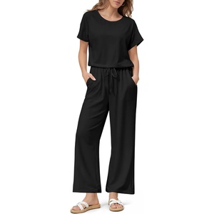 Jumpsuits for Women Casual Summer Rompers Short Sleeve One Piece Outfits(Black)