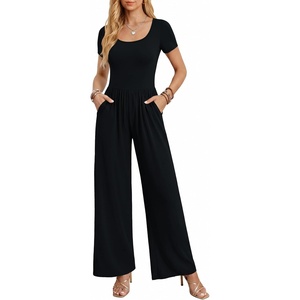 Women Short Sleeve Jumpsuits Square Neck Romper Wide Leg One Piece Jumper(Black)