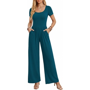Women Short Sleeve Jumpsuits Square Neck Romper Wide Leg One Piece Jumper(Blue)