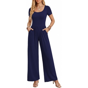 Women Short Sleeve Jumpsuits Square Neck Romper Wide Leg One Piece Jumper(Navy Blue)