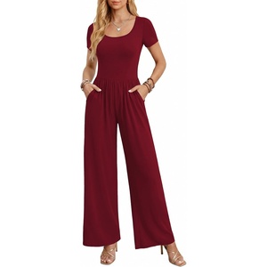 Women Short Sleeve Jumpsuits Square Neck Romper Wide Leg One Piece Jumper(Wine Red)