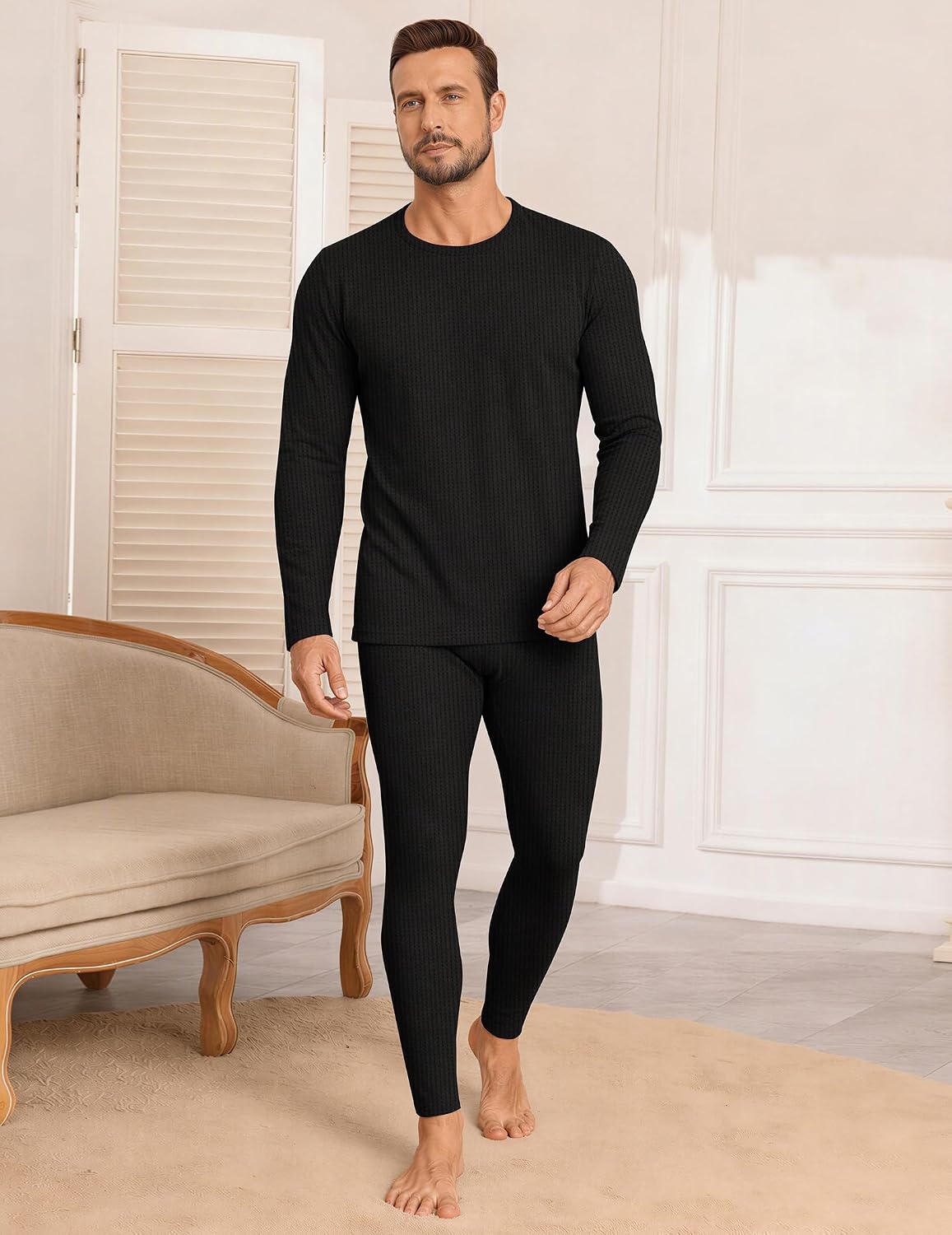 image:imageEkouaer Waffle Long Johns for Men Thermal Underwear Top and Bottom SetBlack