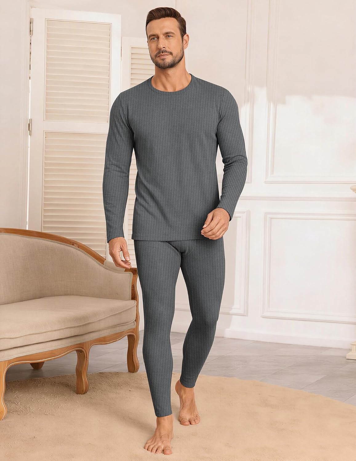 image:imageEkouaer Waffle Long Johns for Men Thermal Underwear Top and Bottom SetDark Grey