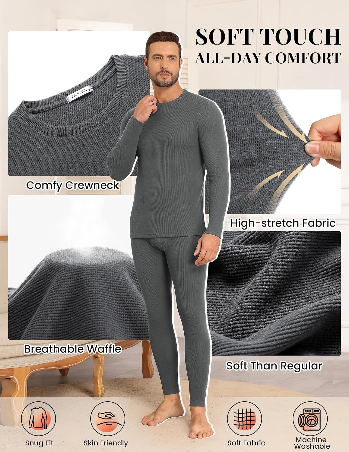 image:imageEkouaer Waffle Long Johns for Men Thermal Underwear Top and Bottom SetGrey