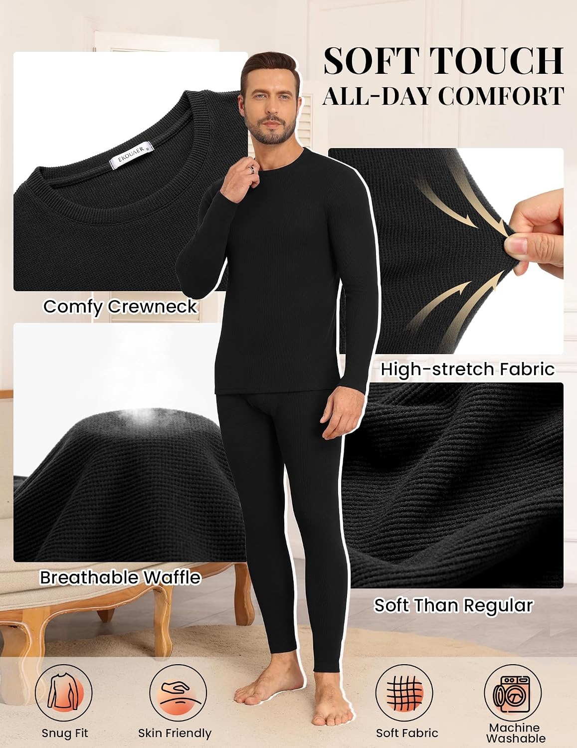 image:imageEkouaer Waffle Long Johns for Men Thermal Underwear Top and Bottom SetNavy Blue
