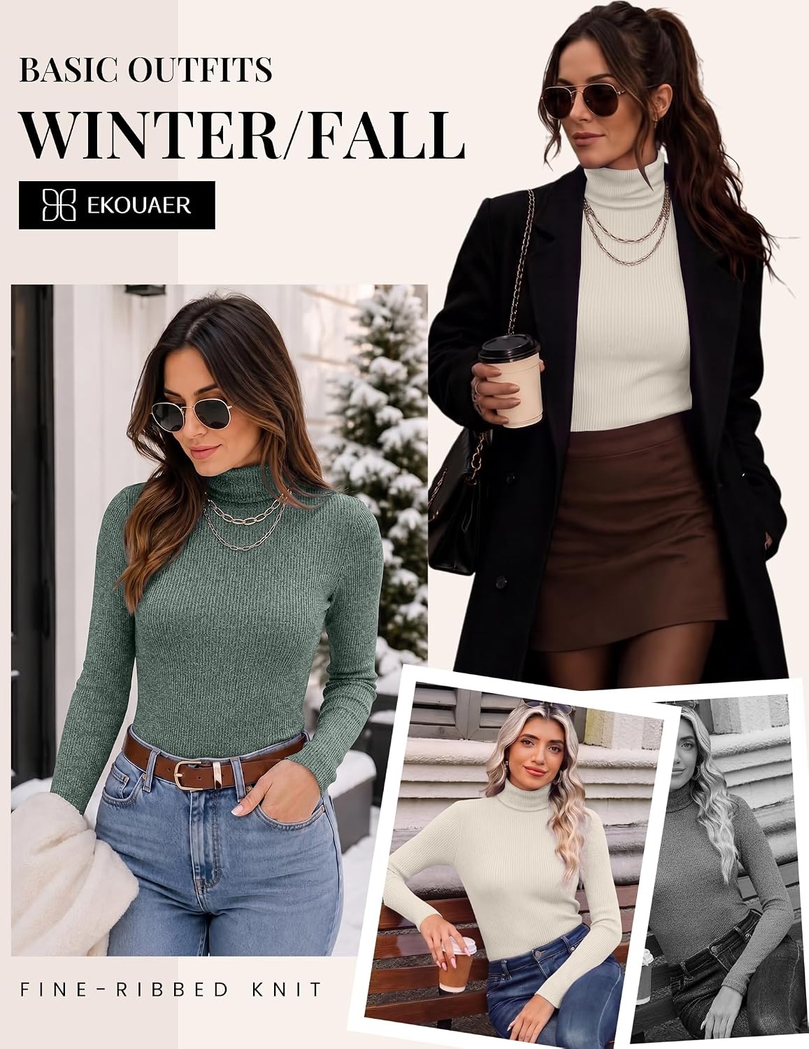 image:imageEkouaer Women Ribbed Turtleneck Long Sleeve Turtle Neck Tops Thermal ShirtsBlackGreenBeige