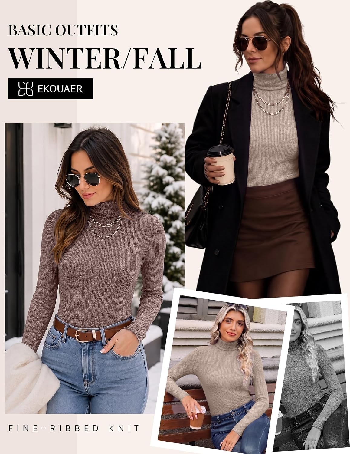 image:imageEkouaer Women Ribbed Turtleneck Long Sleeve Turtle Neck Tops Thermal ShirtsBlackKhakiBrown