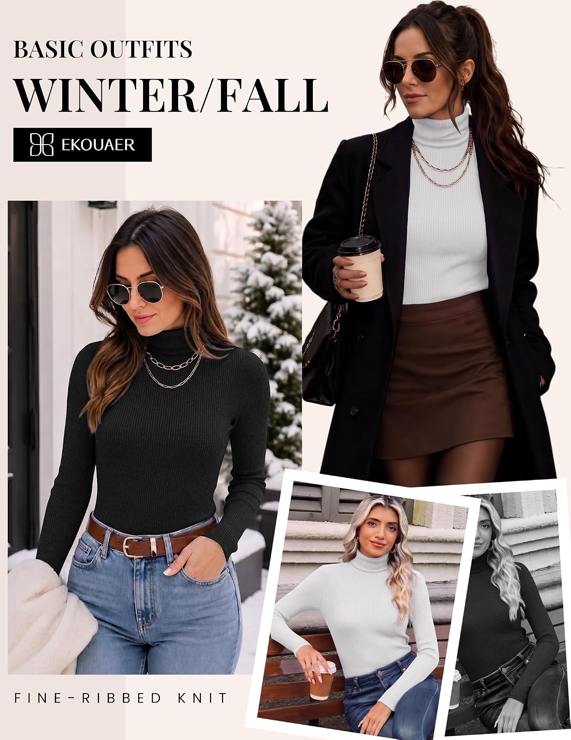image:imageEkouaer Women Ribbed Turtleneck Long Sleeve Turtle Neck Tops Thermal ShirtsBlackWhiteGrey