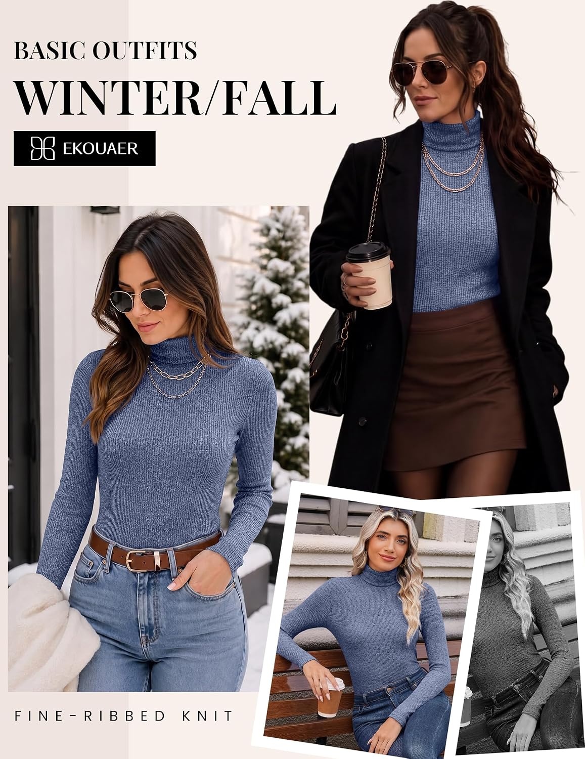 image:imageEkouaer Women Ribbed Turtleneck Long Sleeve Turtle Neck Tops Thermal ShirtsBlue