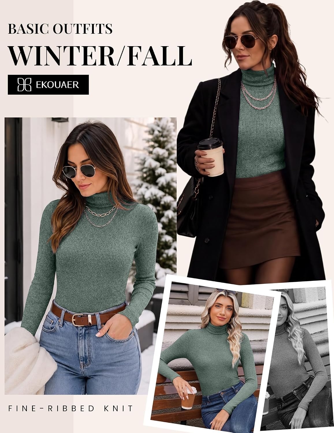 image:imageEkouaer Women Ribbed Turtleneck Long Sleeve Turtle Neck Tops Thermal ShirtsGreen