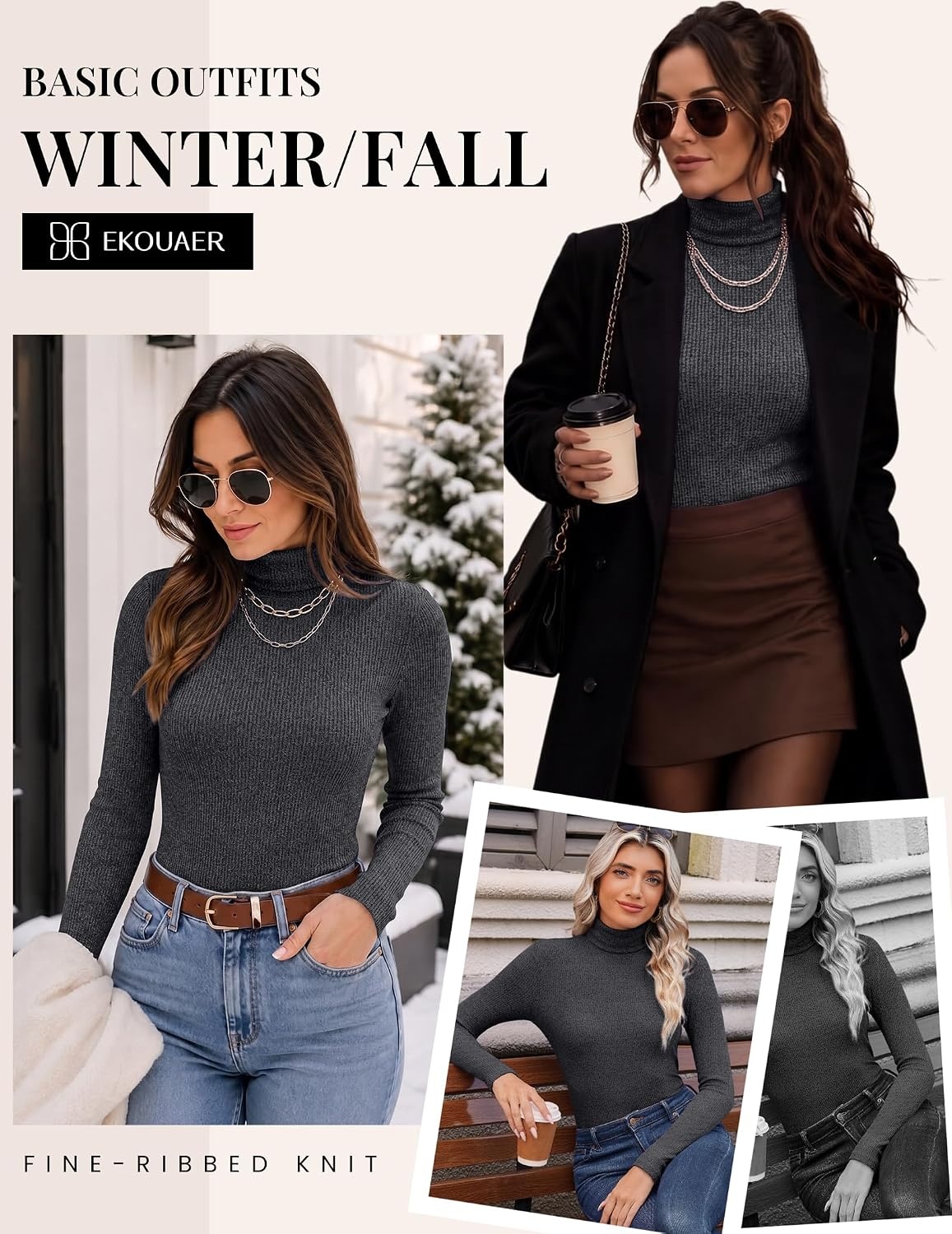 image:imageEkouaer Women Ribbed Turtleneck Long Sleeve Turtle Neck Tops Thermal ShirtsGrey