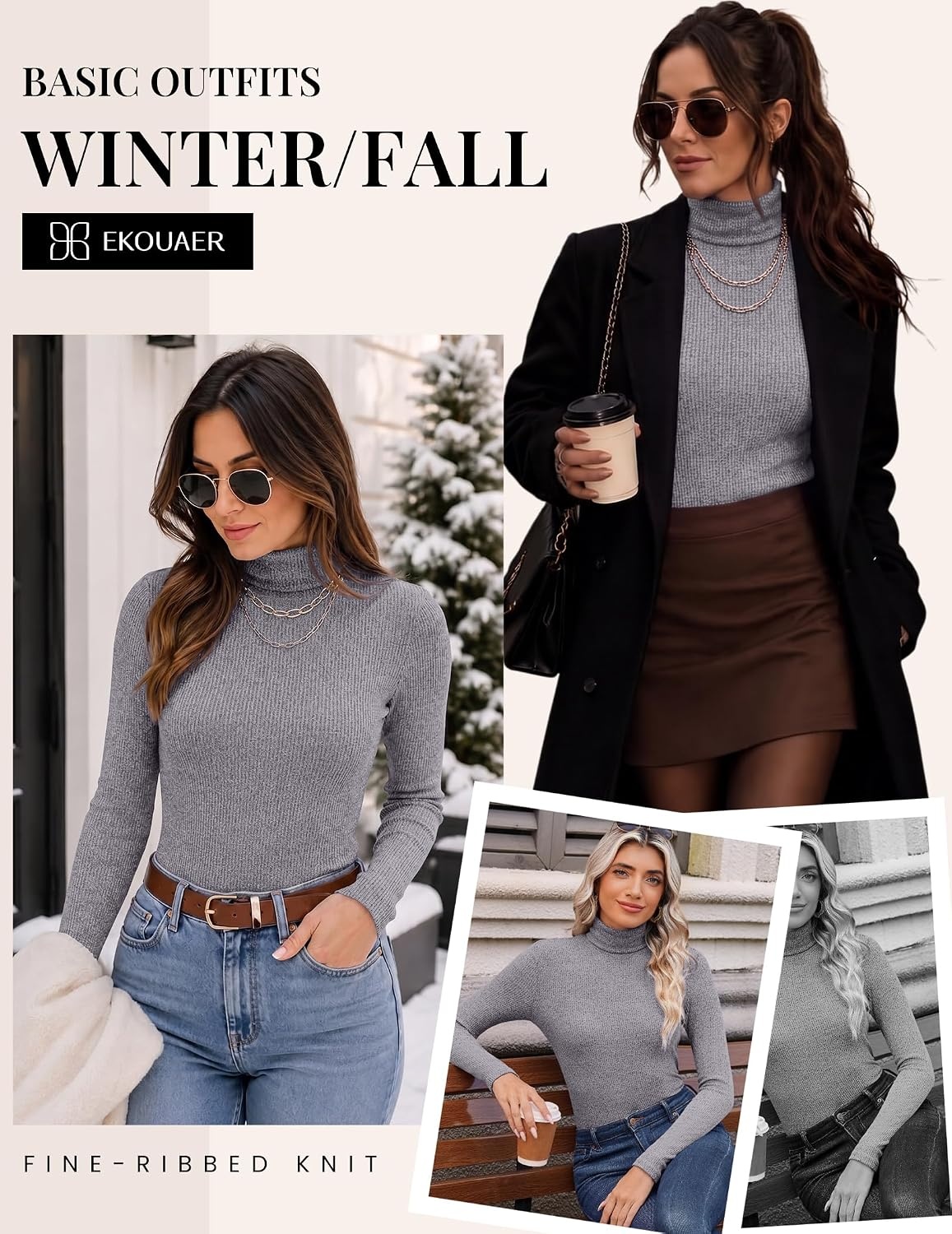 image:imageEkouaer Women Ribbed Turtleneck Long Sleeve Turtle Neck Tops Thermal ShirtsLight Grey